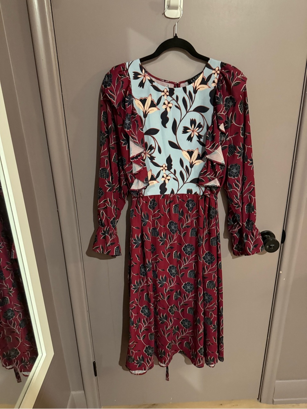 Eloquii Burgundy Floral Midi Dress with Light Blue Floral Bib